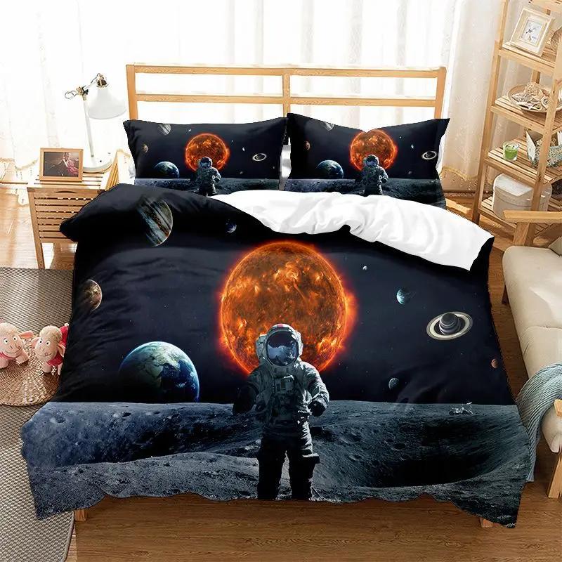 

Galaxy Duvet Cover Set King/Queen Size Astronaut on The Moon Bedding Set Kids Teens Space Planet Polyester Quilt Cover Dark Grey 70x133cm 2pcs