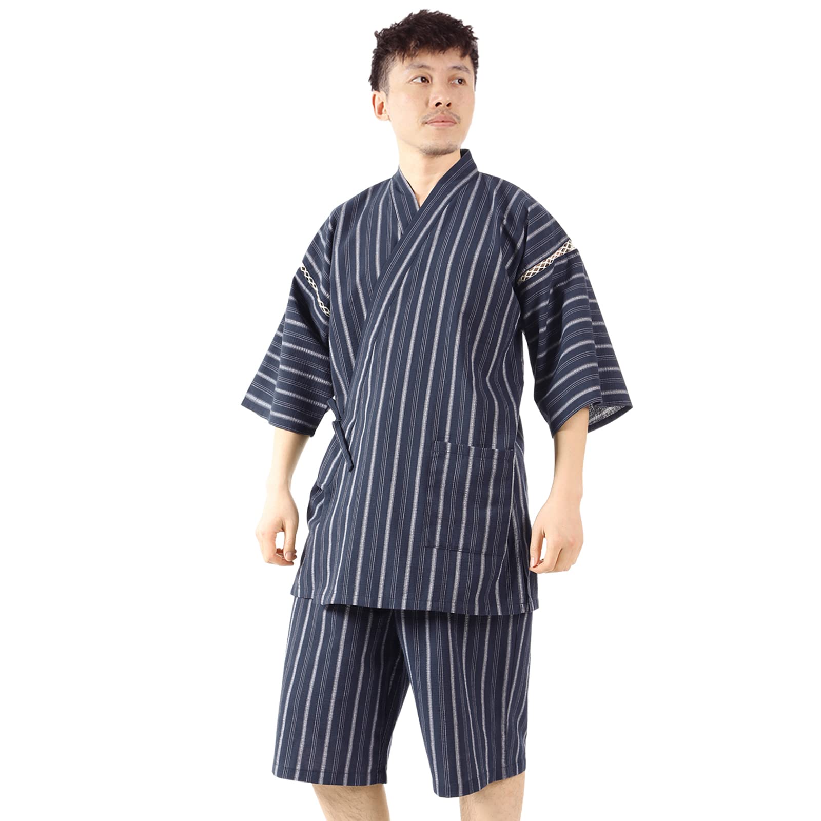 

Jinbei Хлопковая домашняя одежда для джентльменов, летний фестиваль, фейерверки, классная японская одежда, комплект верхней и нижней части, домашняя одежда в полоску на темно-синем [Poweforest] Мужская