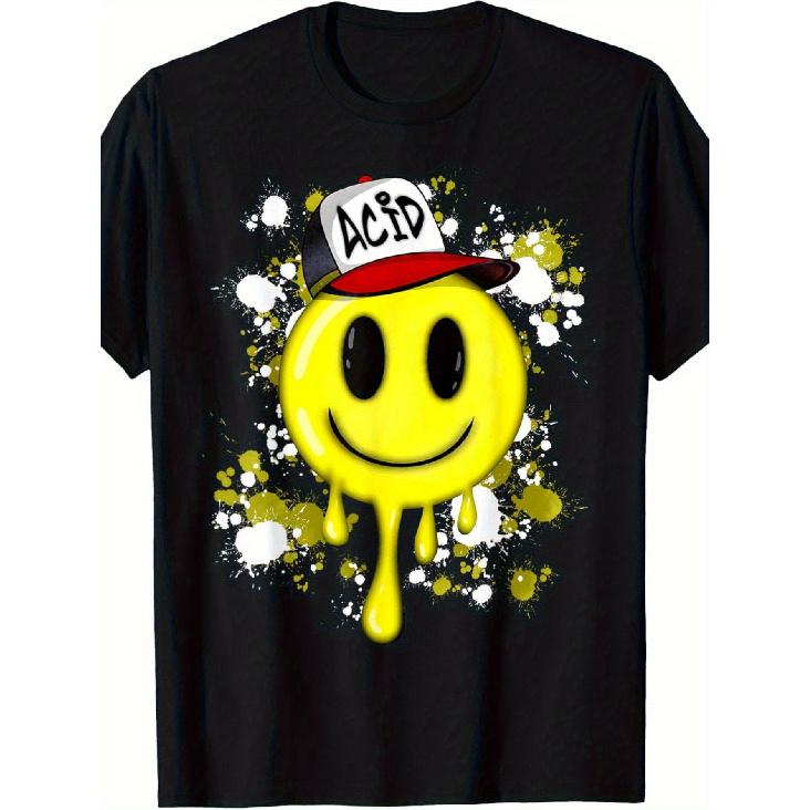 90s Acid House & Rave Music Festival T-Shirt - Retro Psychedelic Electronic Dance Graphic Tee with Smiling Acid Drip Design, Unisex Short Sleeve