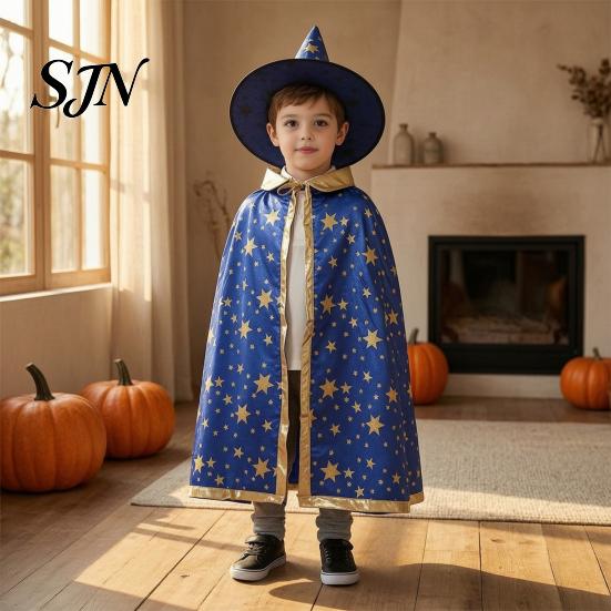 Mantello da Mago a Stelle per Bambini con Cappello per Ragazzi e Ragazze, Strega di Halloween Comodo Vestito Largo Costume di Scena Party Cosplay,