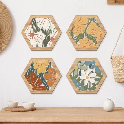4 Pièces Fleurs Bois Décoration Murale Hexagone Creux Fleur Bohème Sculpture Murale Panneau Suspendu Bohème Ferme pour Chambre à Coucher Salon