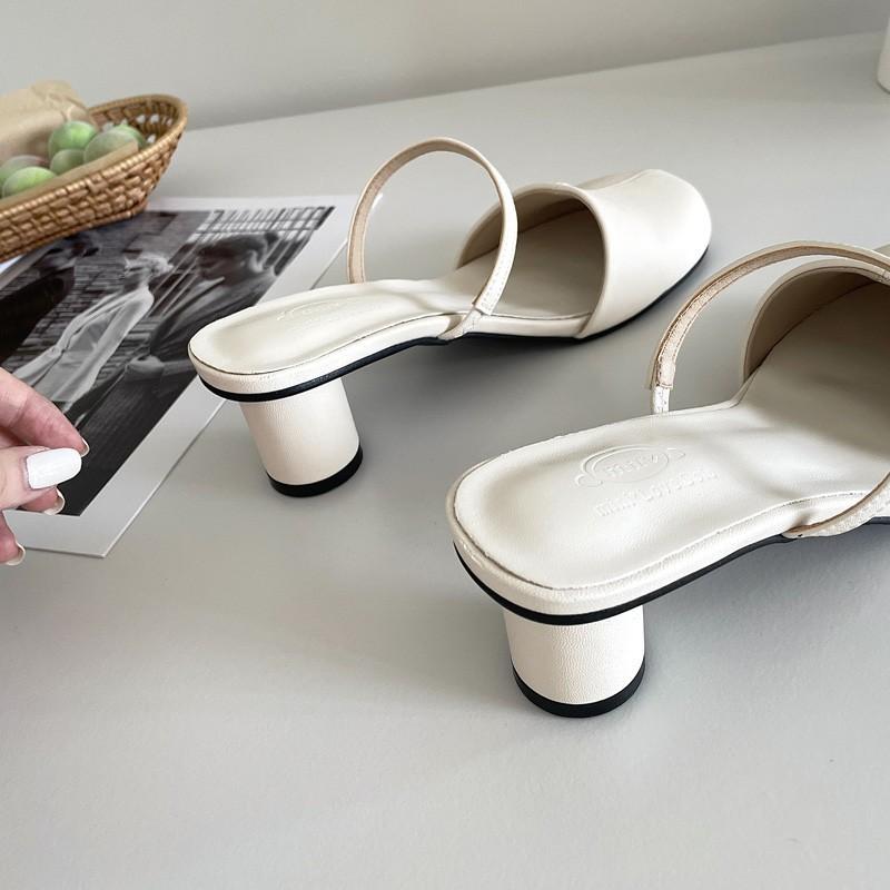 Fashion New Red Black Round Heel Minimalist Sandals Summer Women's Coarse Solid Color Fashionable French High-heel Slippers Size 39