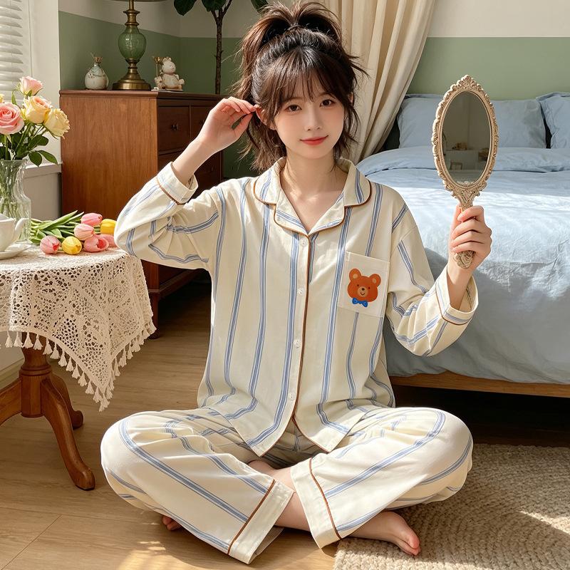 Natal year pajamas women's spring and autumn new imitation cotton long-sleeved red cute cartoon loungewear two-piece set