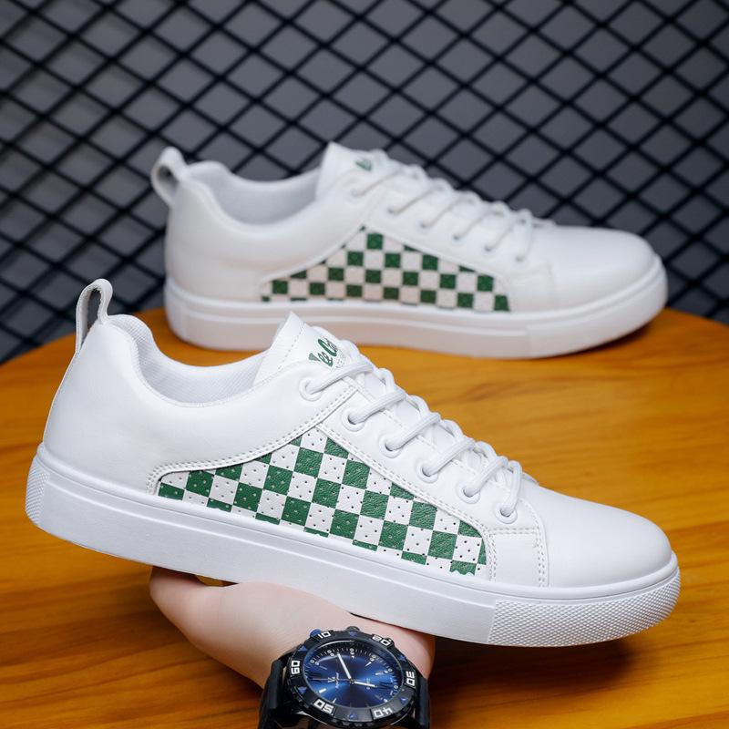 2024 Summer Checkerboard Men's Extra Large White PU Leather Sneakers