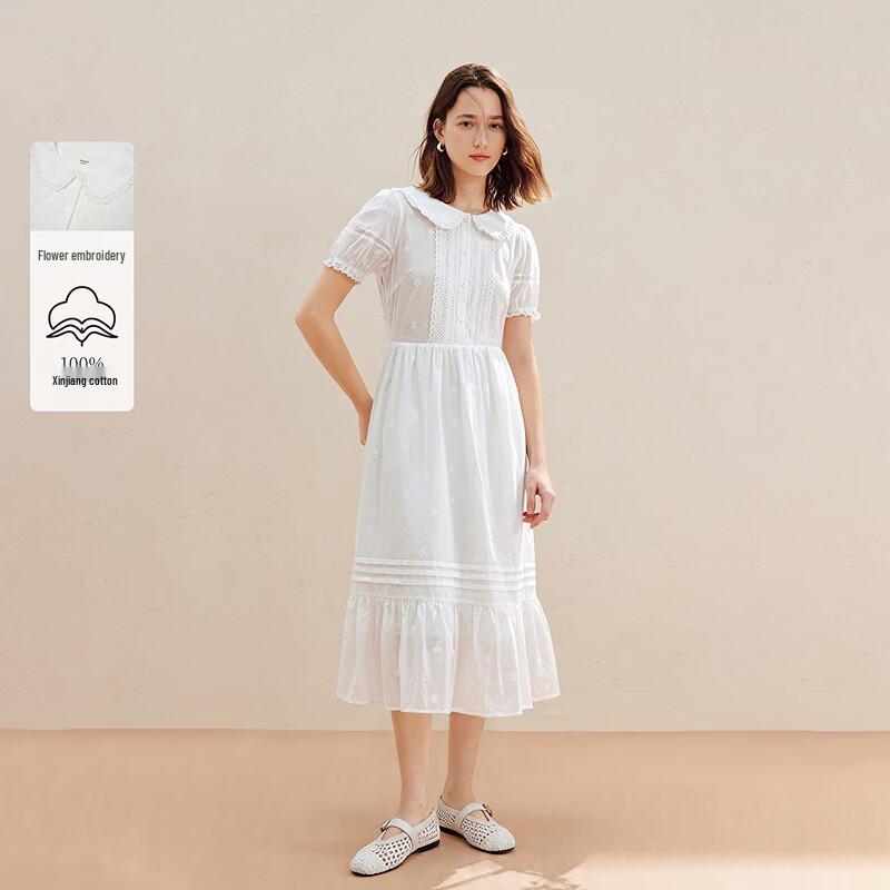 Inman French Lace Doll Collar Bubble Sleeve A-Line Cotton Dress S