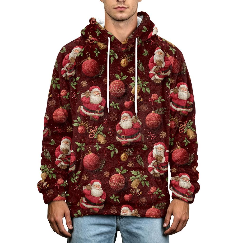 Men's Christmas Print Flannel Hoodie Plus Size Casual Hooded Sweatshirt for Fall and Winter