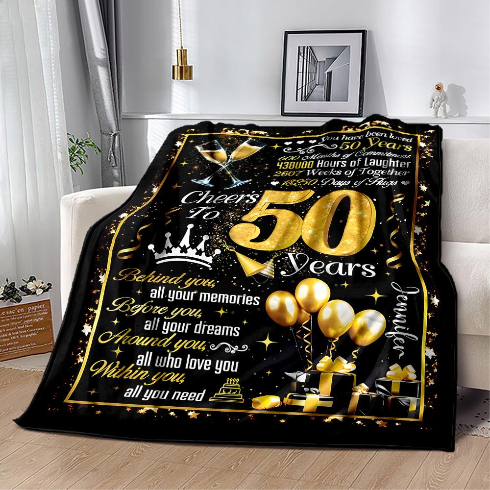 1pc Golden 50th Celebration blanket Soft and Warm for Sofa Office Camping Travel Livingroom Great Gift for Friends and Family Comfortable All Seasons