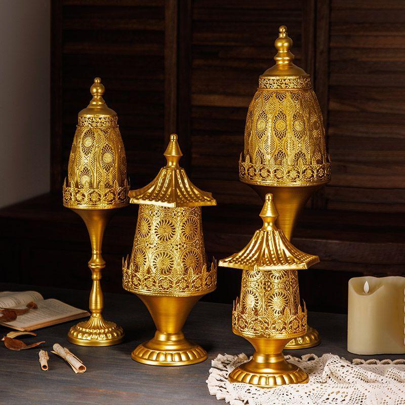 1PC Large vintage and aged golden electronic candlestick, ironwork hollowed-out handicraft, photo prop, atmosphere wind light