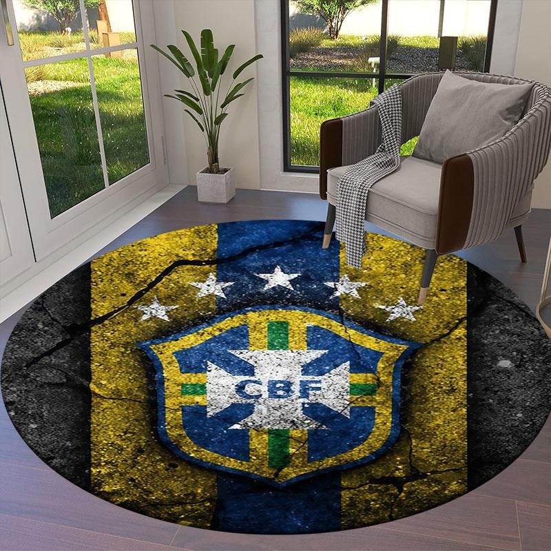 Brazil National Football Team Round Area Rug,Carpet Rug for Living Room Bedroom Sofa Playroom Decor,Non-slip Floor Mat