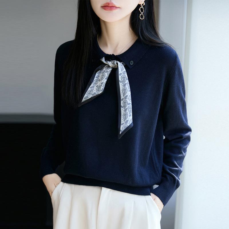 

Silk Polo Collar Long Sleeve Shirt - 2025 Autumn Women s Wool Knitwear L темно-синього кольору