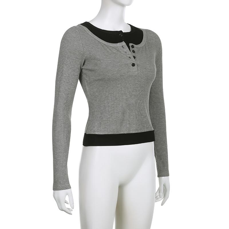 Women Splicing Against Color Semi-open Collar Button Top Retro Off-the-shoulder Slim Showing Leggings T-shirt