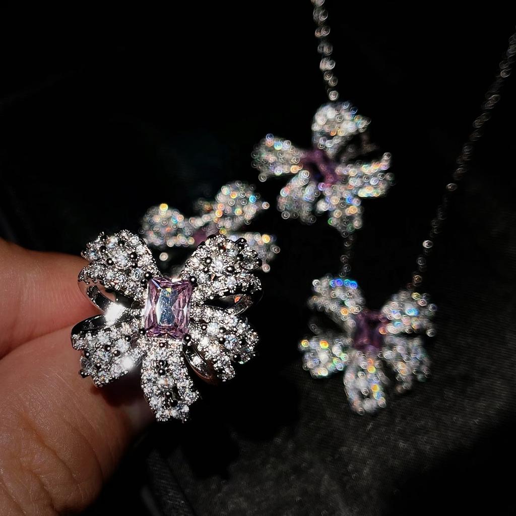High Jewelry Super Fairy Butterfly Set Argyle Pink Diamond Bow Necklace Ring Stud Earrings Pendant