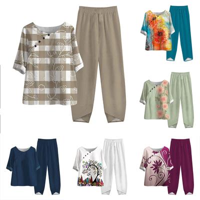 Ensemble deux pièces pour femmes, haut imprimé à manches mi-longues, taille élastique, pantalon neuf pièces, été