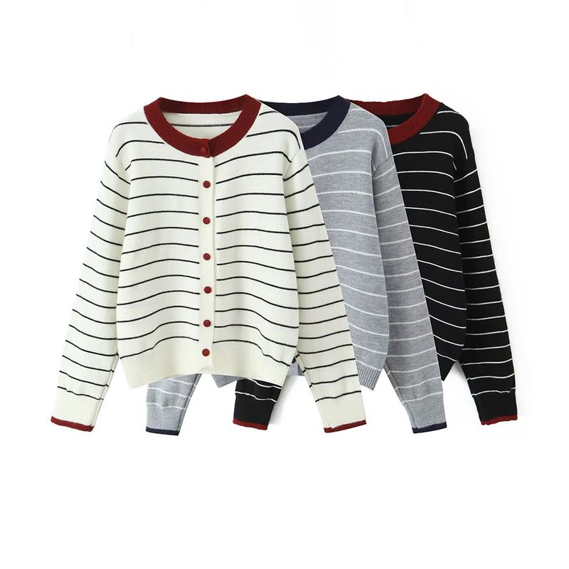 Kaslead New Women Clothes Western Style All-Match Fashion Stripe Round Neck Long Sleeve Sweater Cardigan