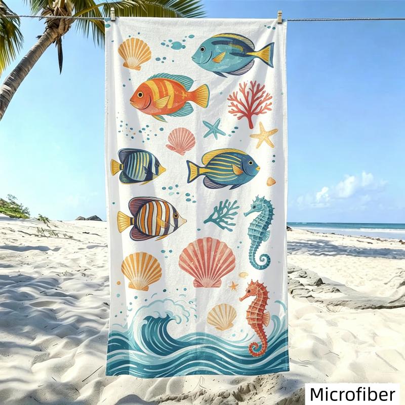 Vibrant Ocean Life Beach Towel Colorful Jellyfish Starfish Coral Reefs Lively Microfiber Towel Quick Dry for Beach Outings Pool