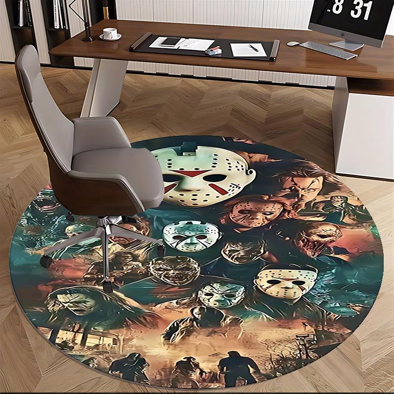 Horror Movie Characters,Halloween Mask Print Chair Mat Round Rug Office Carpet, Machine Washable, Non Slip, Suitable for Living Rooms, Bedrooms