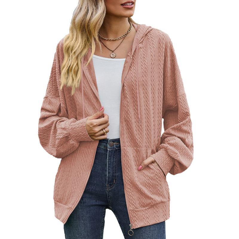 Spring and Autumn Women's Jacket Solid Color Pocket Long Sleeve Loose Hooded Sweatshirt Women Jacket