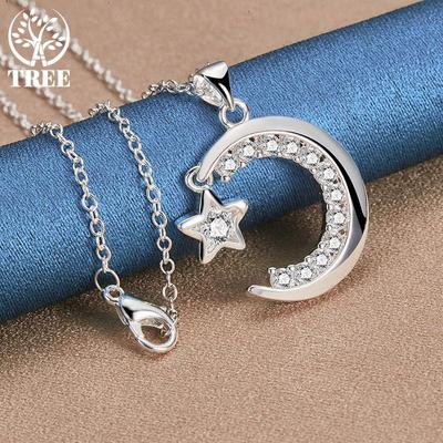925 Sterling Silber Mond Stern AAA Zirkon Anhänger Halskette Schmuck