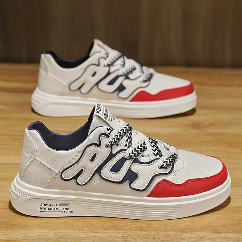 Sports Leather Surface Contrasting Color Breathable Flat Men'S Shoes Low-Top Lace-Up Daily Leisure Work Board Shoes