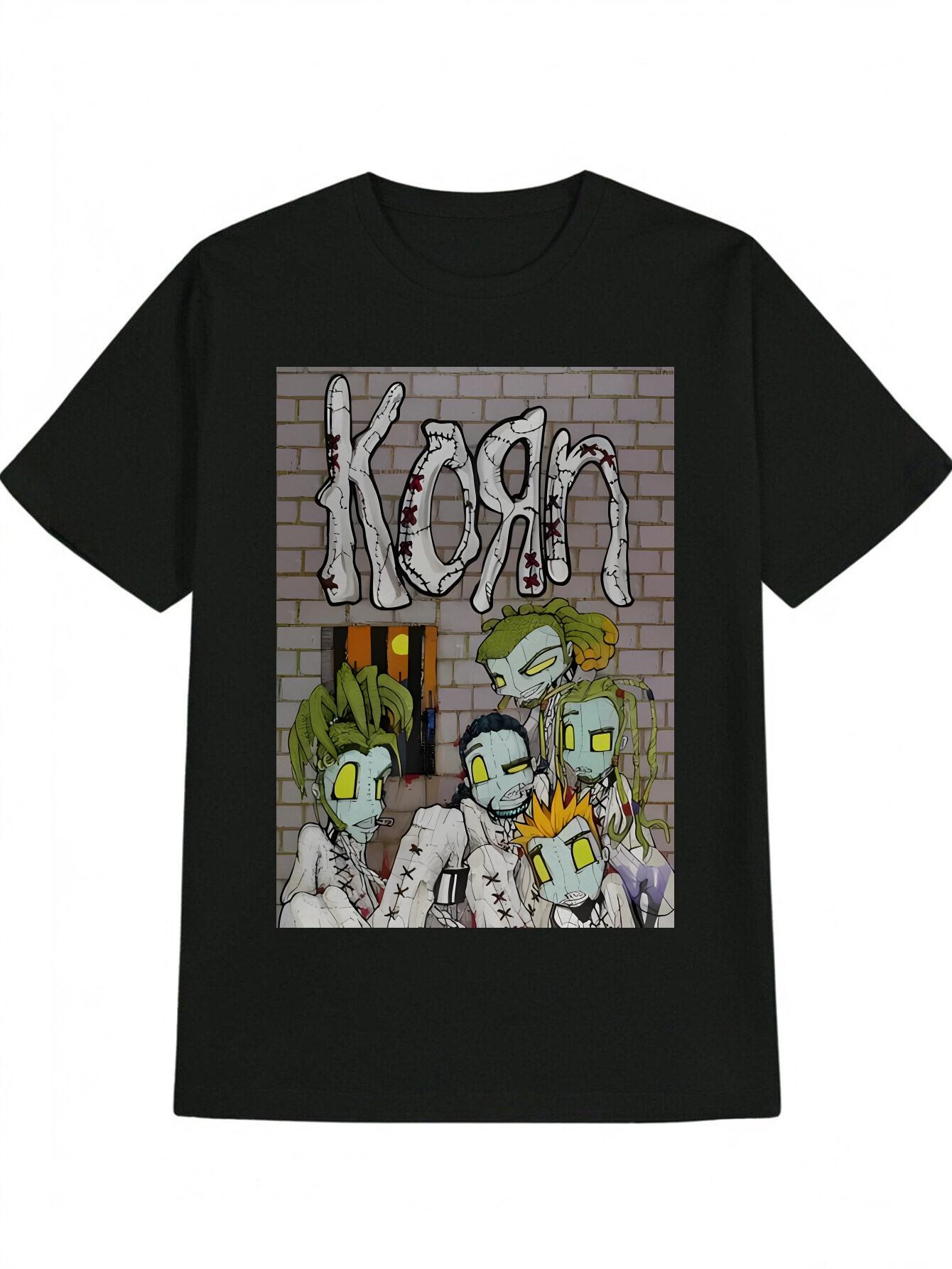 Casual Crew Neck T-shirt with KORN Band Print L