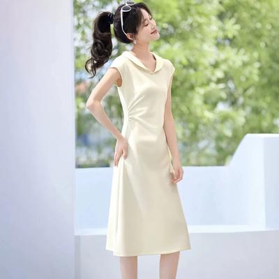 Summer New Doll Lapel Pinch Pleated Dress, Moon White Comfortable Shape Waist Thin Long Short-sleeved Casual Long Dress