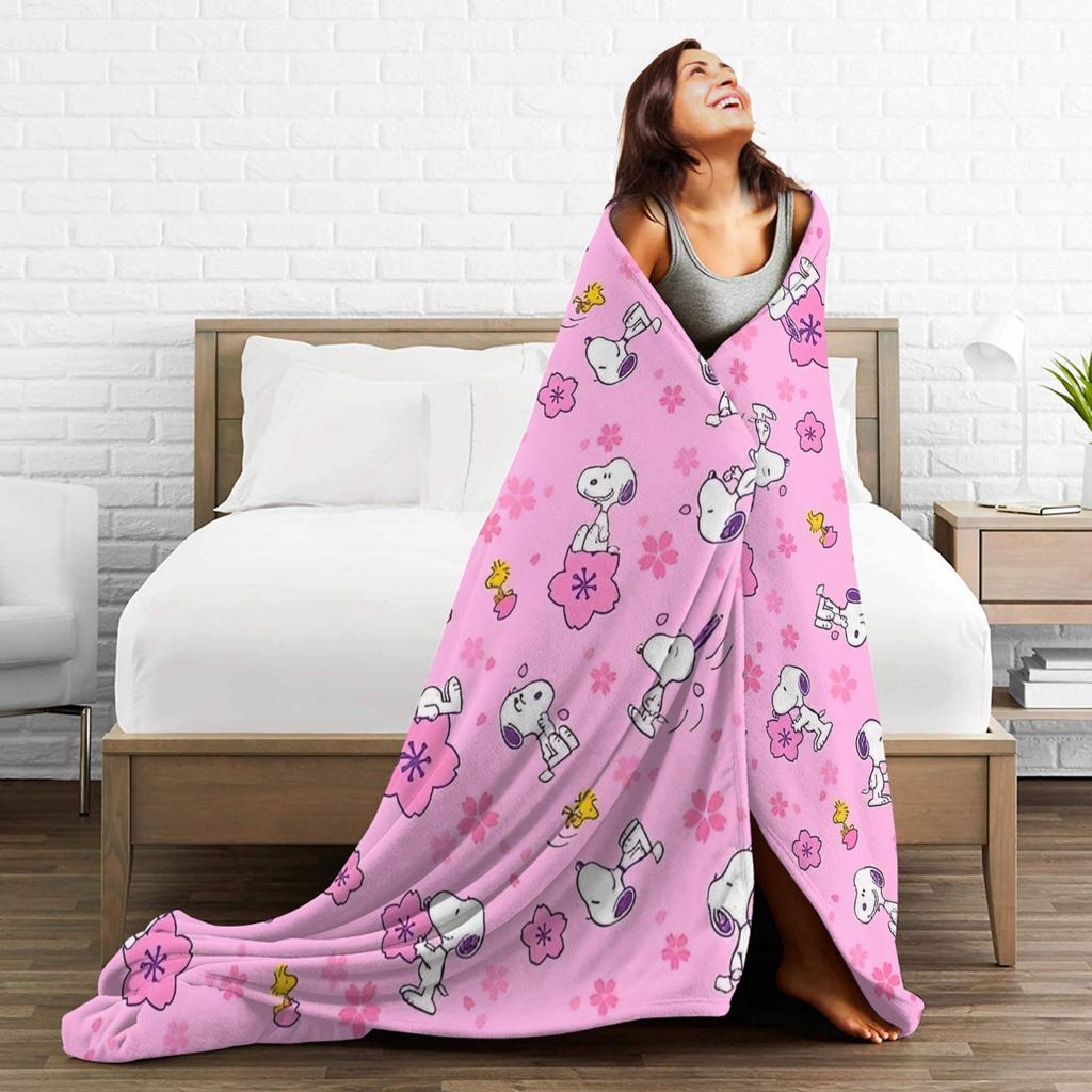 Pink Snoopys Woodstock Blankets Cartoon Flannel Throw Blankets Summer Air Conditioning Personalised Soft Warm Bedsprea,