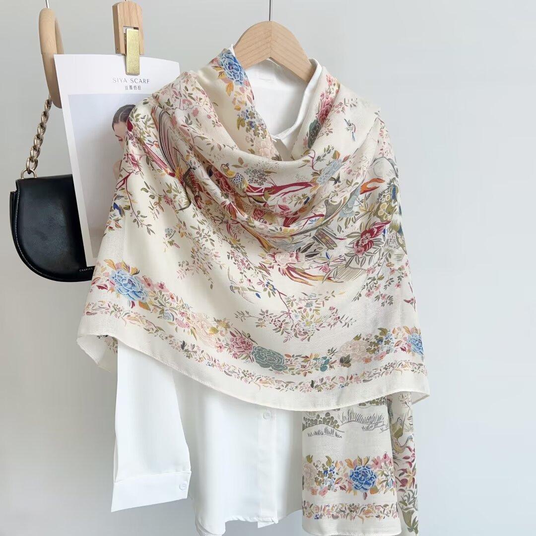 

180x90cm Simple Elegance Floral Bird Print Silk Scarf Lyric Velvet Korean Style Countryside Flower Warm Sunscreen Large Shawl 180x90cm рожевий