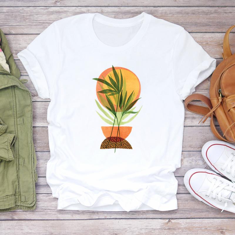 (European Size)90s Women Print Lady Female Plant Sweet Watercolor Style Tee Top Fashion T Shirt Clothing Casual Short Sleeve Graphic T-shirt