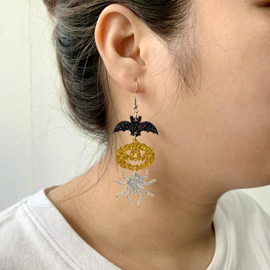 

1 Pair Bat Pumpkin Spider-Shaped Halloween Earrings Funny Acrylic Glittering Long Drop Hook Earrings