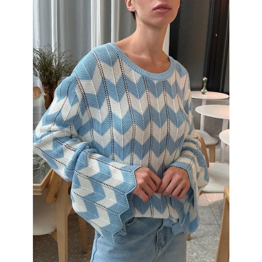 Back Hollow Women's Crew Neck Long Sleeve Knitted Sweater Autumn and Winter