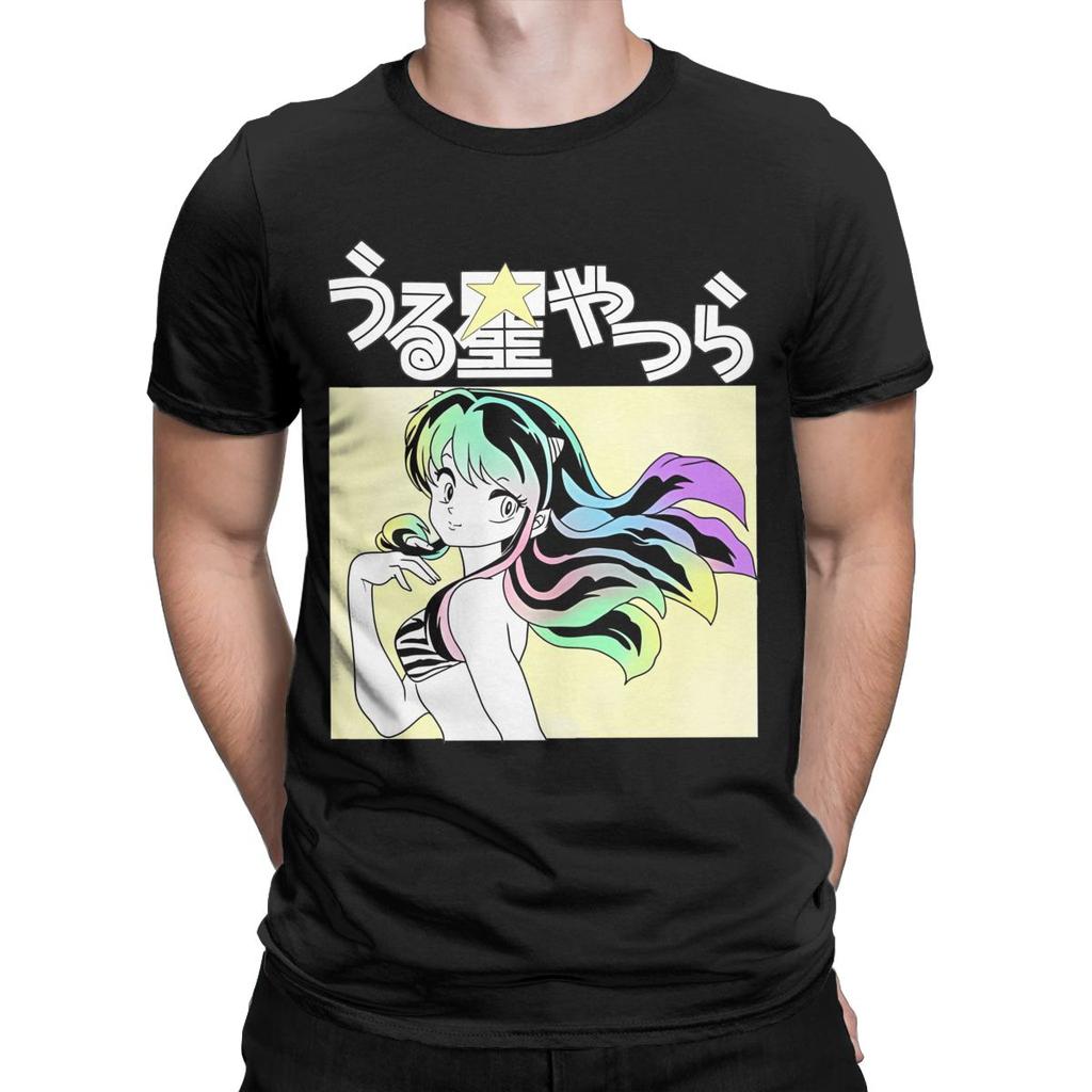 Herren T-Shirts Urusei Yatsura Lum Vintage 100% Baumwoll-Tees Kurzarm Anime T-Shirts Rundhals-Tops Bedruckt