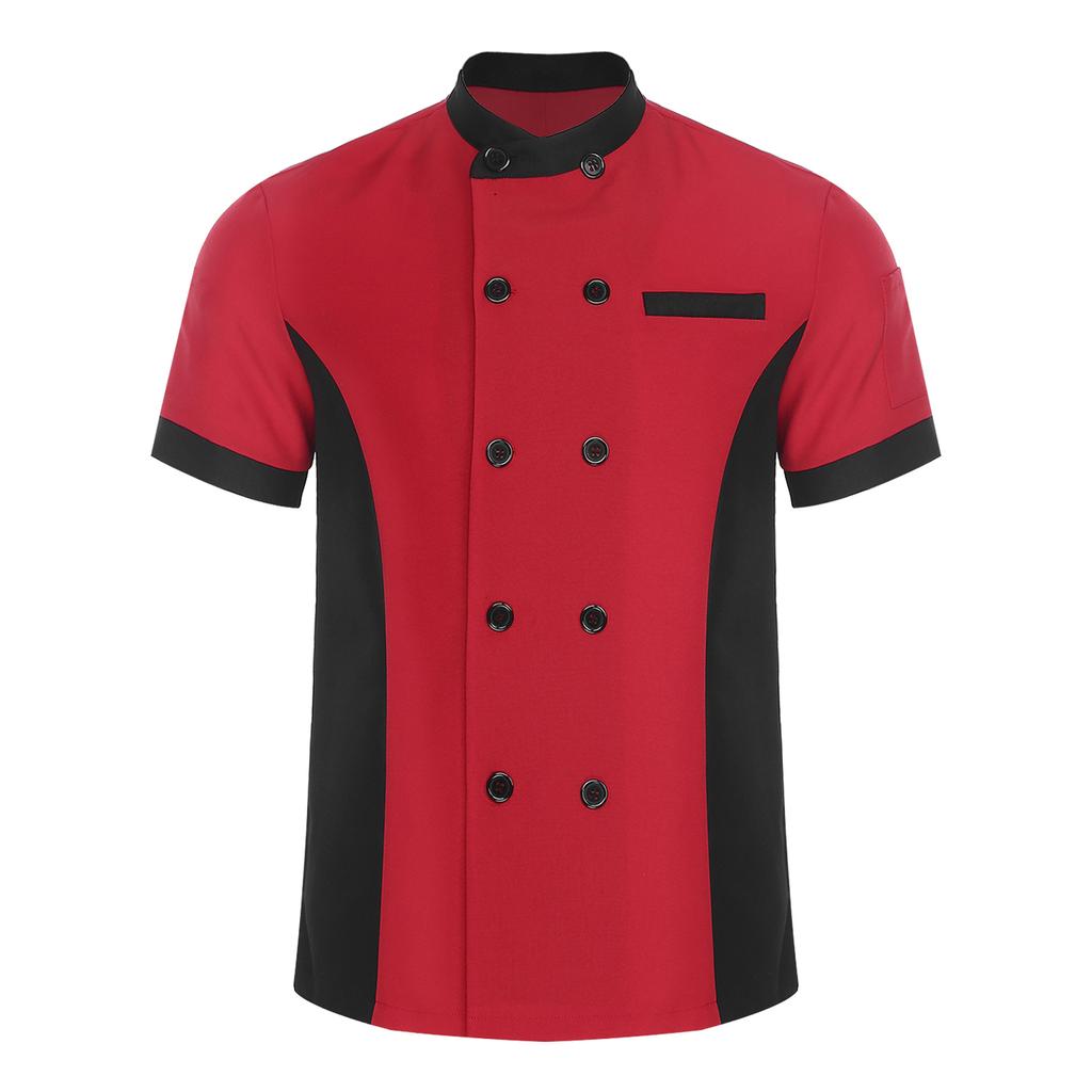 Unisex Kitchen Uniform Short Sleeve Color Block Chef Jacket Cook Coat Men Women Work Top