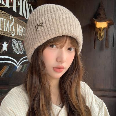 Winter Outdoor Warm and Cold-proof Simple Bow Versatile Face Small Knitted Hat Women