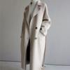 Women's Lapel Long Sleeve Loose Fit Trench Coat Casual Belted Wool Blend Mid-Long Jacket