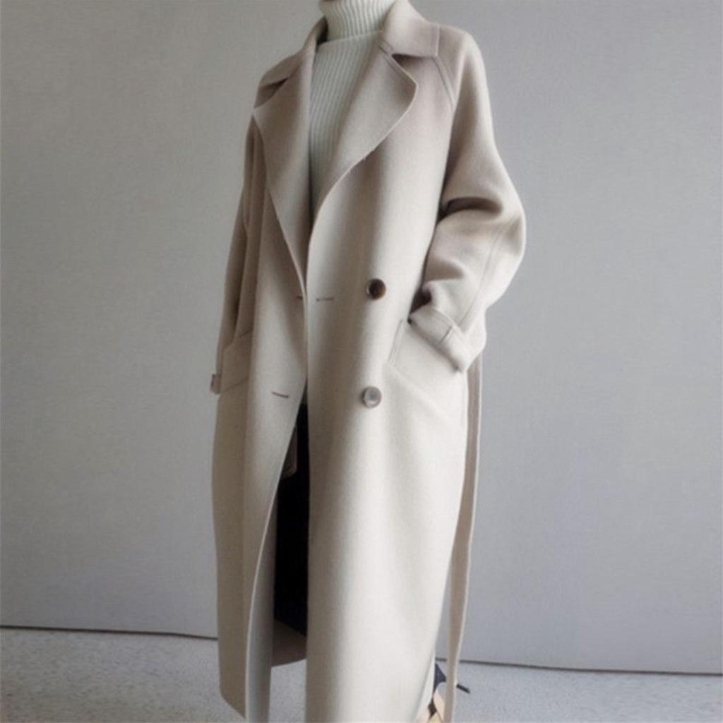 Women's Lapel Long Sleeve Loose Fit Trench Coat Casual Belted Wool Blend Mid-Long Jacket