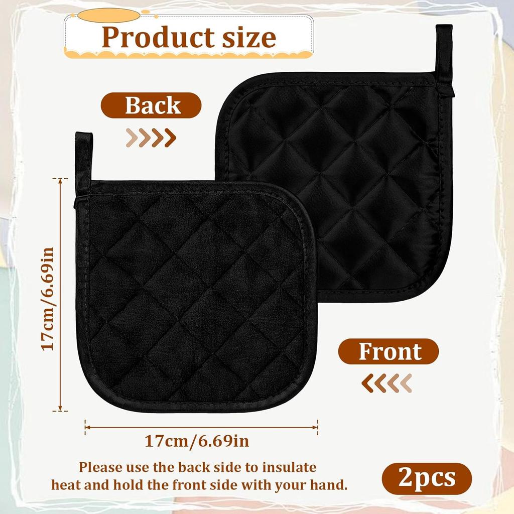 2 Pcs Cotton Pot Holders, Black, 6.69 X 6.69 Inch Square, Machine Washable