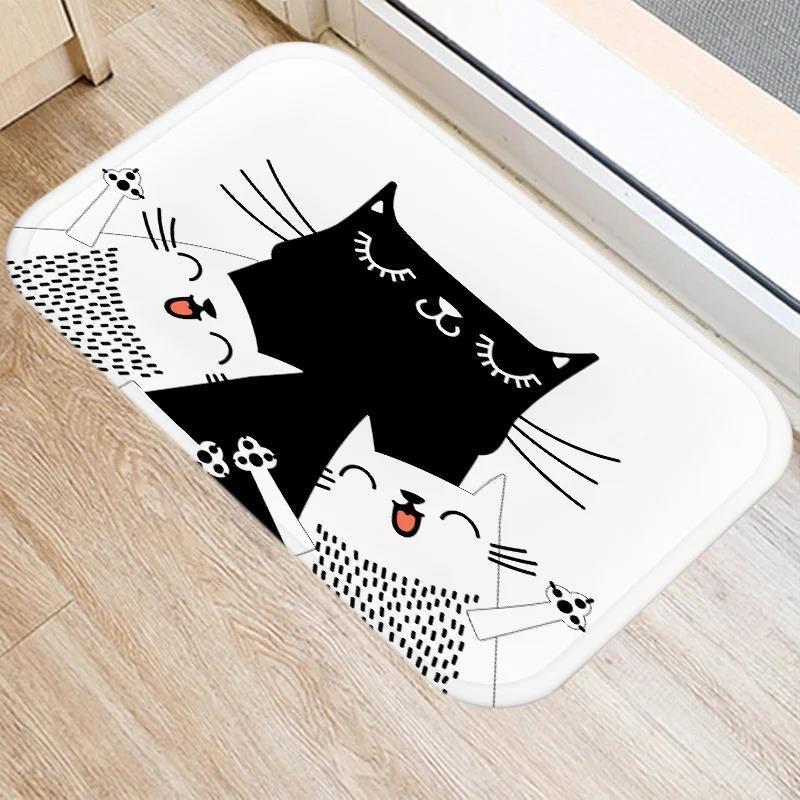 Cute Cartoon Cat Faces Carpet Black White Kawaii Minimalist Home Decoration Rug Kitchen Balcony Living Room Non-slip Floor Mat
