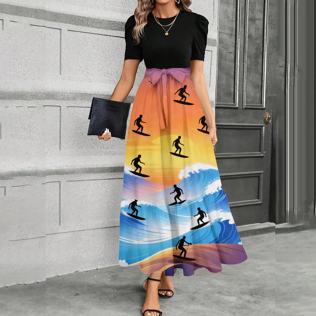 Short Sleeve Women's Dress Casual Flowy A-Line Midi Tshirt Dresses With Pockets Crewneck Vocation Boho Beach Sundress