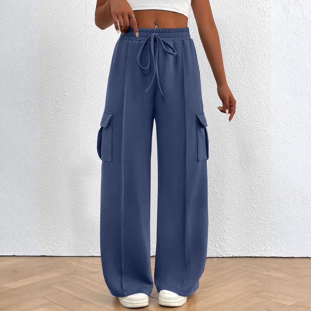 Women's Overalls Casual Lightweight Solid Color Trousers Drawstring Multi-Pockets Straight Leg Pants