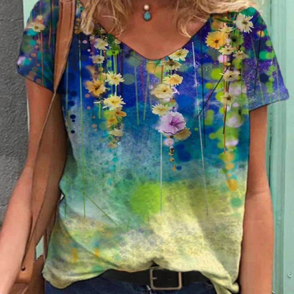 New Women Fashion V Neck Slim Fit Short Sleeve Pullover 3D Flowers Print Plus Size Casual T Shirt Tops S-5XL