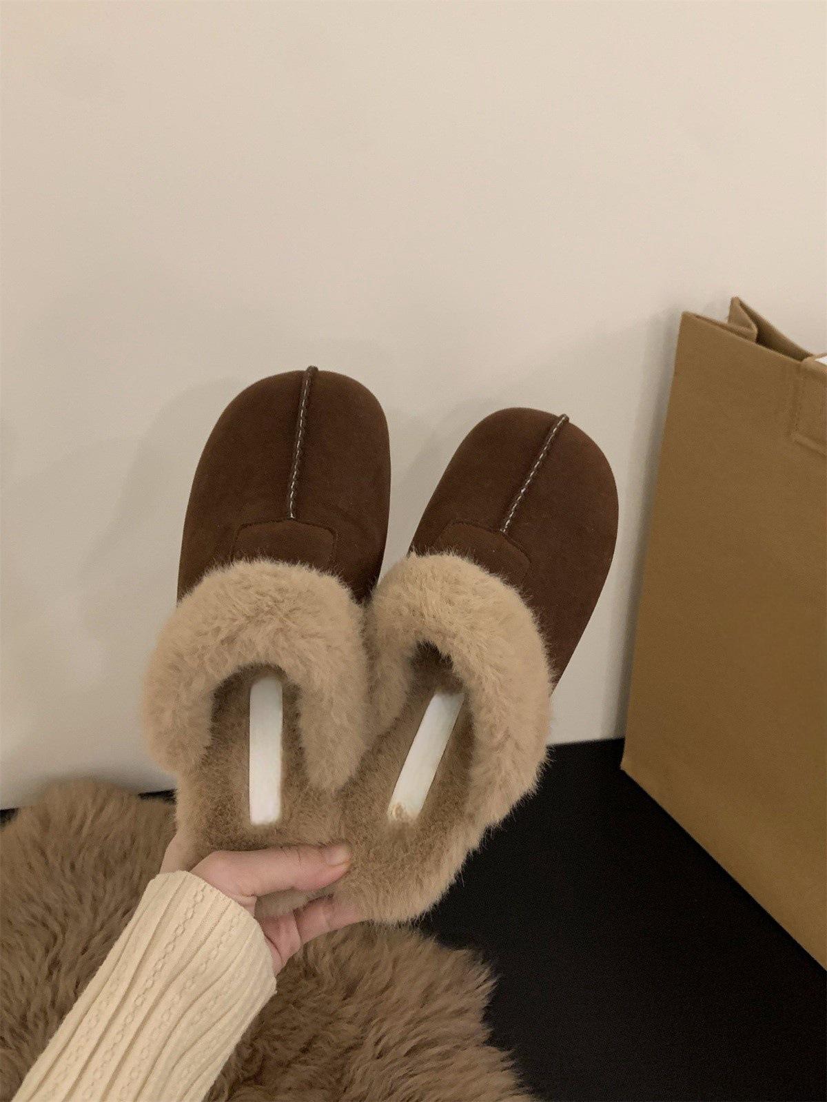 

Плоские тапочки Boken в стиле ретро, женские туфли, новинка 2024 года, осенне-зимние туфли Baotou Half-Drag Snow Cotton 35 коричневый