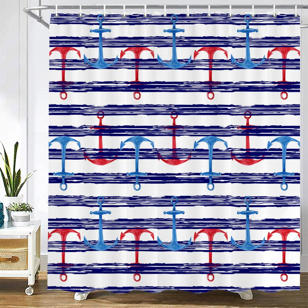 

Bathroom Shower Curtain Nordic Cartoon Ocean Anchor Style Printed Polyester Fabric Shower Curtain With Hooks Decoration Curtain W60H190(CM)-1 Pcs