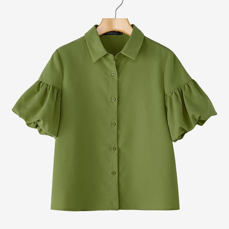 ZANZEA Women Summer Turn Down Collar Puff Short Sleeve Blouse