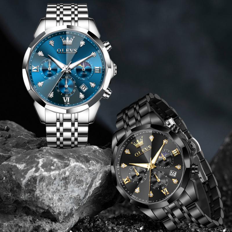 OLEVS Men Watch Fashionable Original Moon Phase Quartz Watch Waterproof Luminous Automatic Date Stainless Watch Gifts
