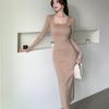 Spring Square Neck Knitted Sexy Dress Women Fashion Autumn Slim Fit Base Women's Sweater Dresses Elegant Long Sleeve Solid Winter Casual Dress 25955