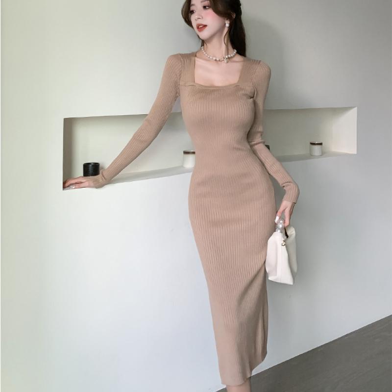 Spring Square Neck Knitted Sexy Dress Women Fashion Autumn Slim Fit Base Women's Sweater Dresses Elegant Long Sleeve Solid Winter Casual Dress 25955
