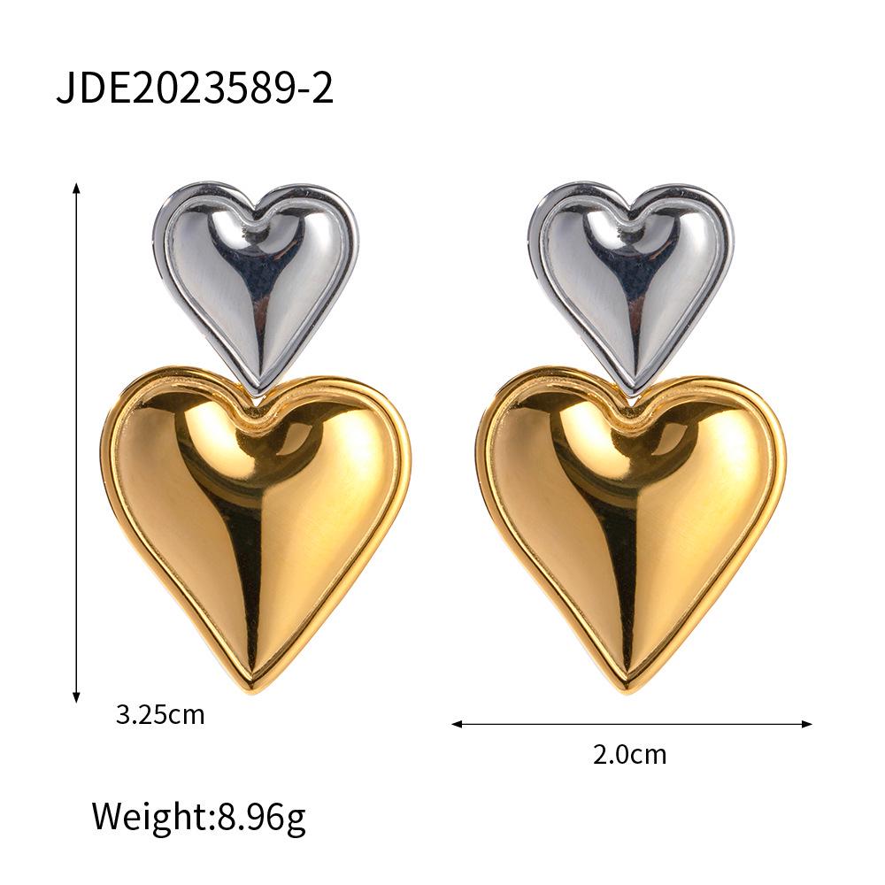 INS Style 18K Gold Stainless Steel Heart Earrings - Gold & Silver Two-Tone Women's Jewelry