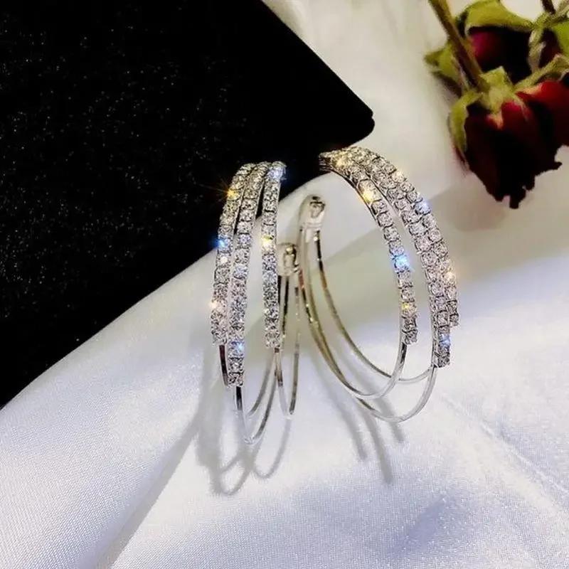 

1 пара Модные ювелирные аксессуары Женские преувеличенные серьги-кольца со сверкающими стразами Большие круглые серьги серебряный