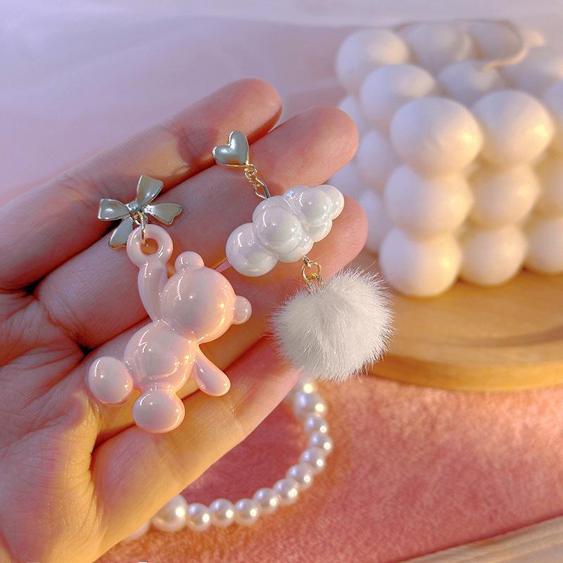 Silver Needle Asymmetrical Bear & Cloud Pom-pom Earrings