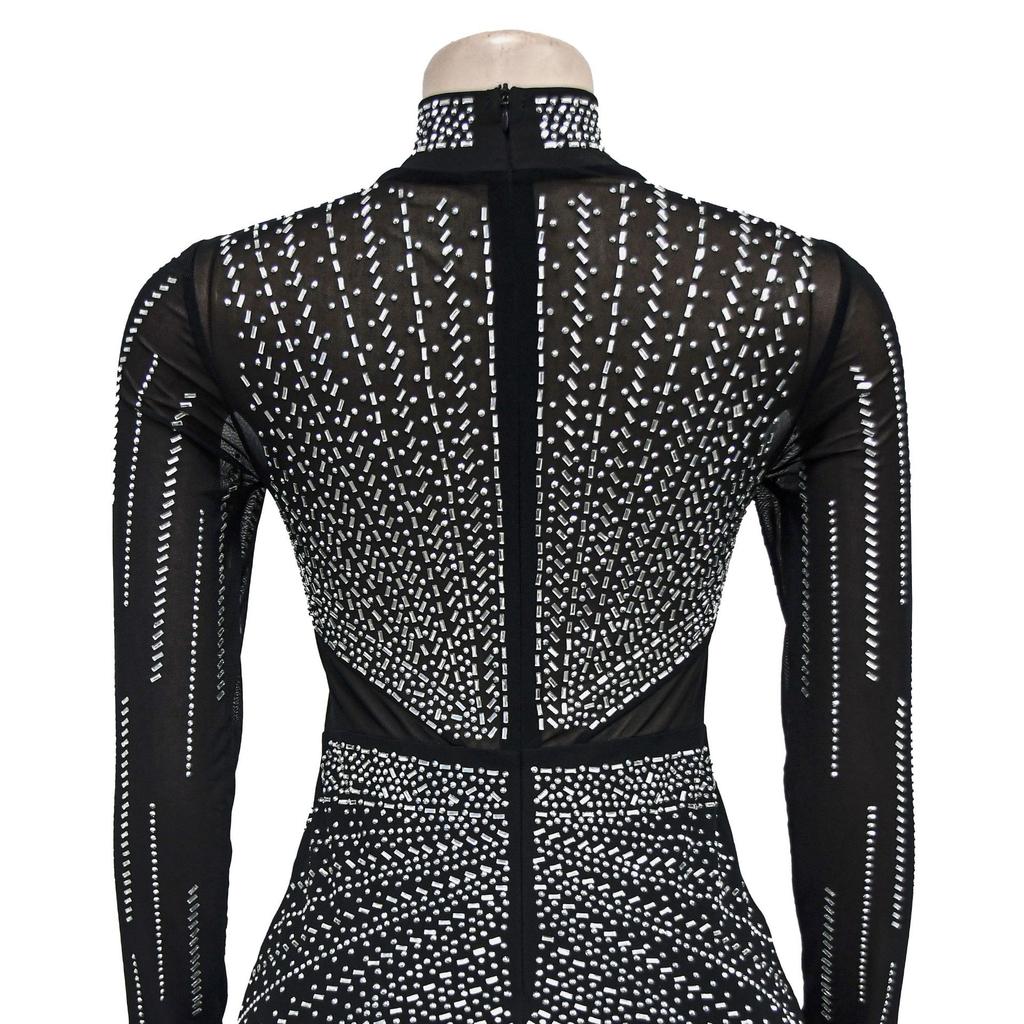 Fashion Women's Dress Solid Colour Mesh Drill Long Sleeve Long Dress